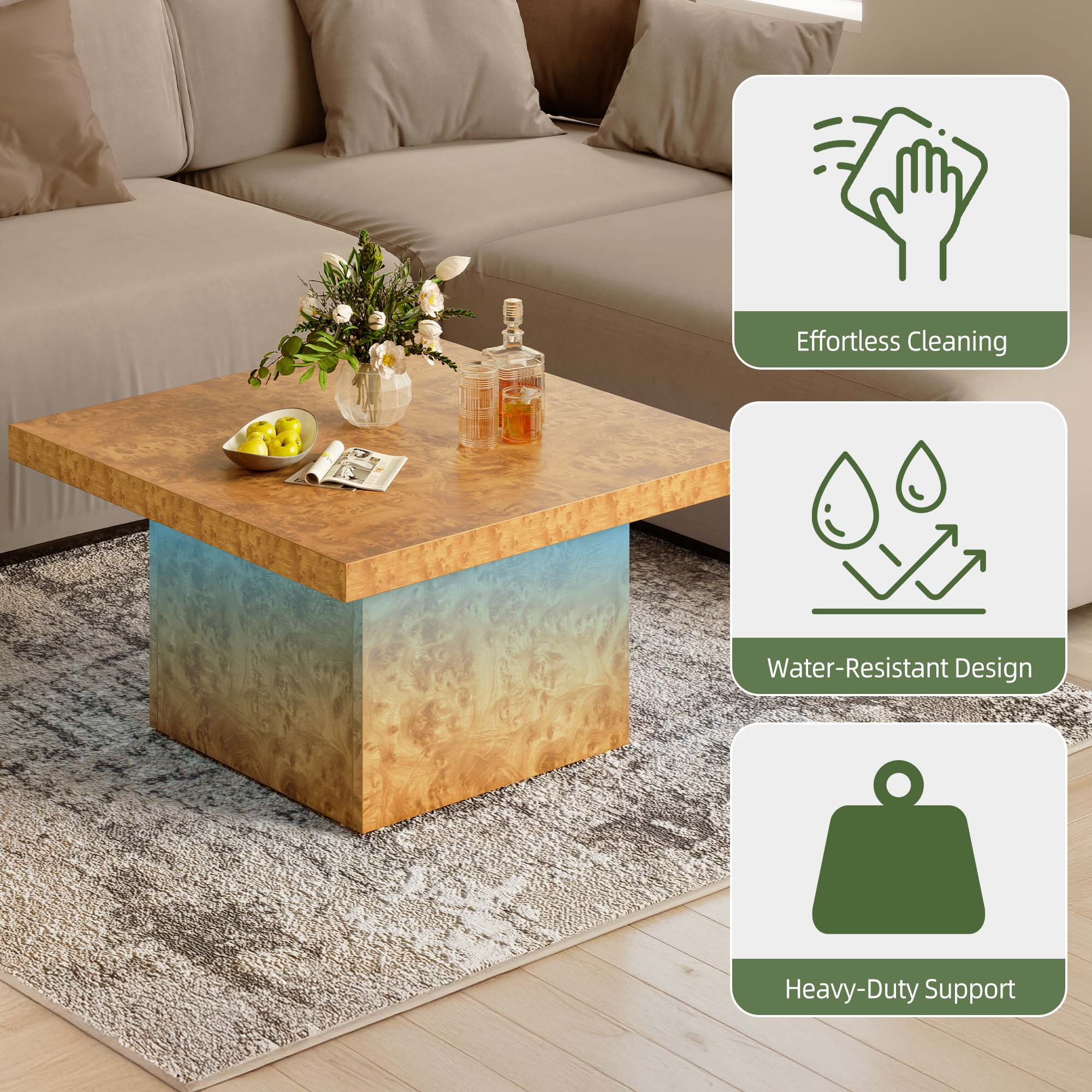 Uforic Rustic Square Coffee Table with LED Lights for Living Room, Burl Color
