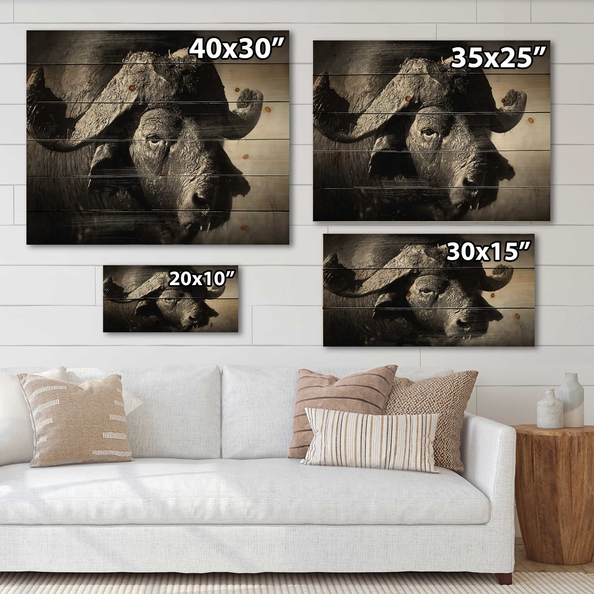 Designart 'Black and White Portrait Of Buffalo II' Farmhouse Print on Natural Pine Wood