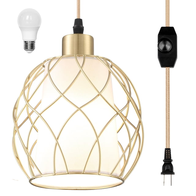 Lámpara colgante Cinkeda, pantalla de lino, 4,5 m, cable dorado