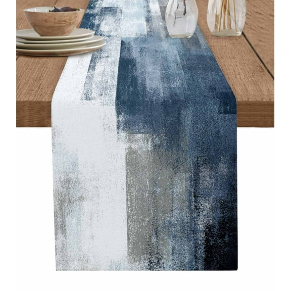 Blue Grey Table Runner Cotton Linen 108 Inch Holiday Dresser Scarves, Abstract Modern Painting Mottled White Art Tablerunner for Kitchen Coffee Dining Bedroom Dinner Scarf Décor 13''x108''