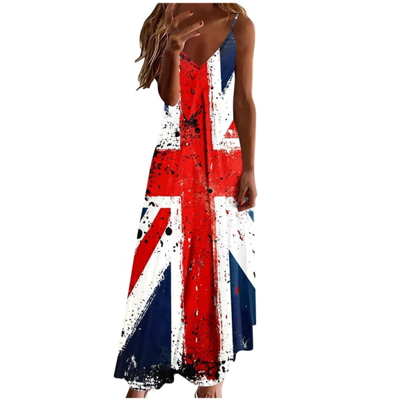 Lovzfmll Women's British Flag Print Round Neck Casual Dress Sleeveless Ankle Length with Spaghetti Strap for Vacation Loose Crew Neck Red, 4XL