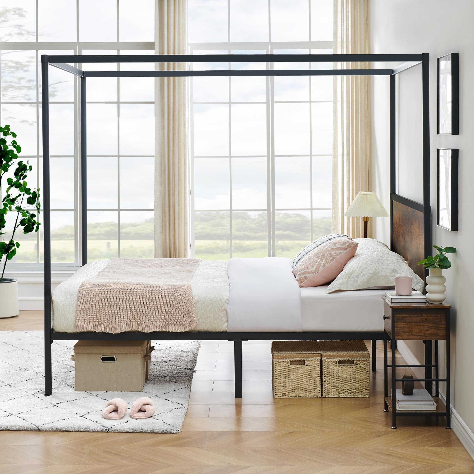 Tookss Canopy Bed Frame Twin Size, Black FourPoster Platform Metal Bed