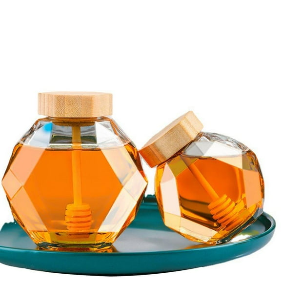 CNKOO Hexagon Shape Honey Pot Jar with Dipper Heat-Resistant Glass Storage Container Honey Pot Glass Honey Jar with Dipper and Lid Cover for Home Kitchen