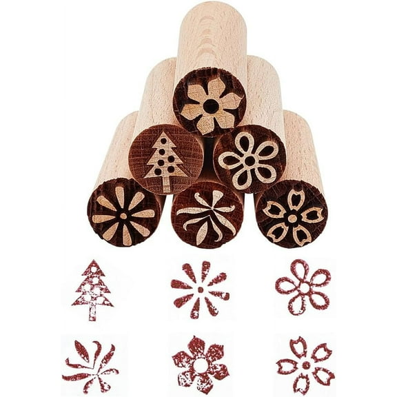 6pcs 6 styles Round Wooden Traditional Chinese Moon Cake Stamps Dessert Stamp Cookies Mold DIY Moon Cake Tools Blanched Almond Plants Pattern 49.5~50x15~15.5mm 1pc/style