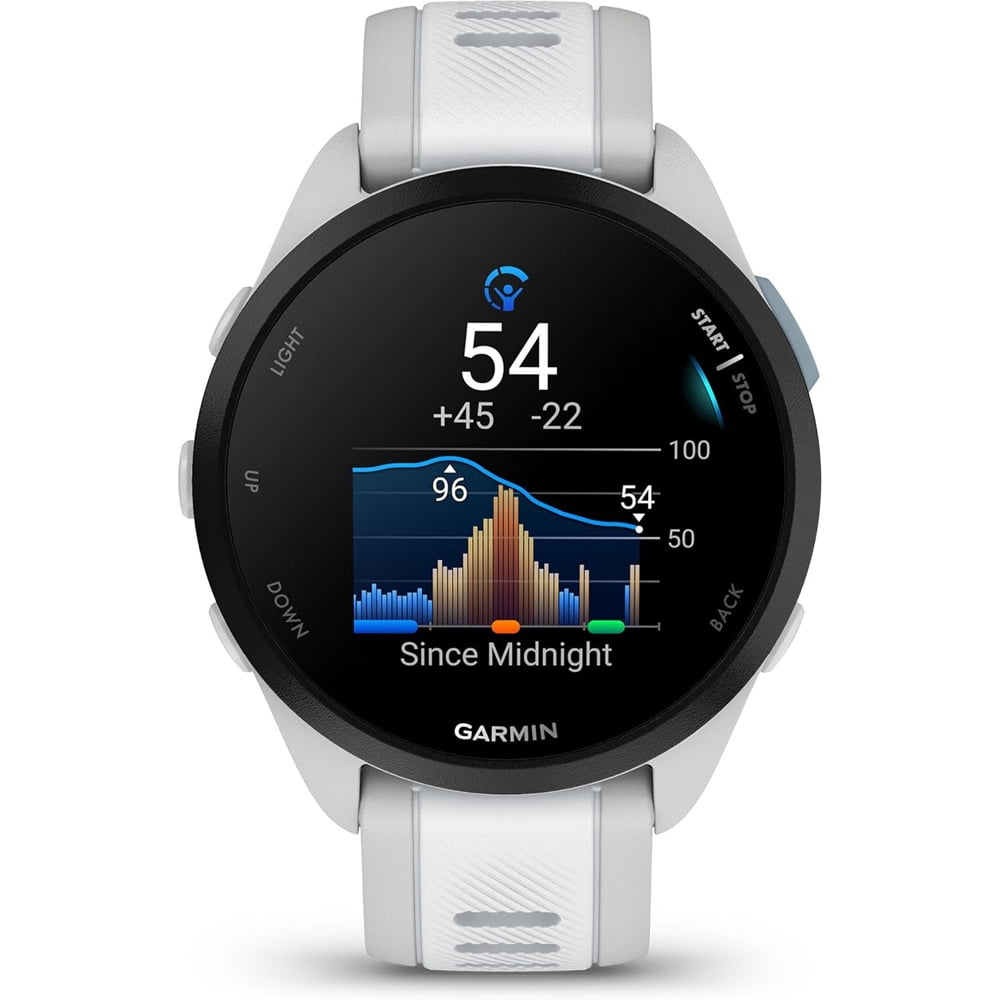 Garmin Forerunner 165 Music Smart Sport Watch, Mist Gray + Whitestone with HRM 200 Heart Rate Monitor Strap (M-XL) Bundle with Deco Essentials Collapsable Water Bottle