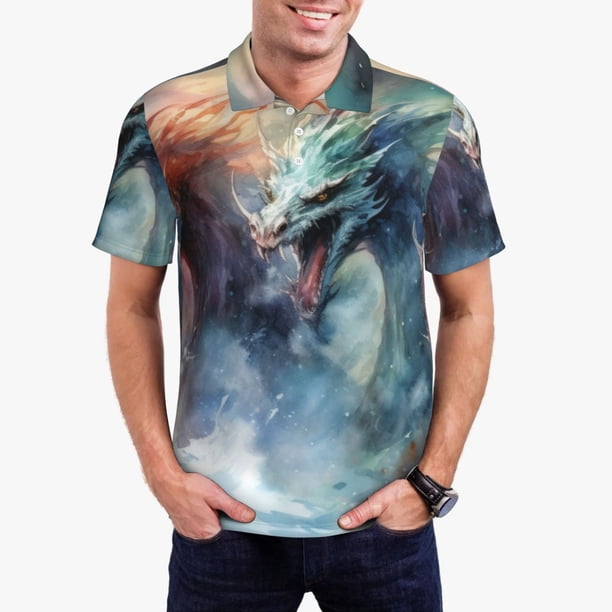 Fotbe Ink Style Wave Dragon Camiseta Polo de Golf para Hombre con Estampado – Camisa Deportiva Transpirable con Cuello Abotonado-3X-Large