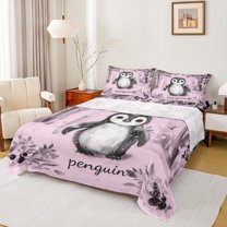 jejeloiu Cartoon Antarctic Penguin Bed Sheets,Wild Animal King Sheets,Pink Black Sheet Set For Girls Teens,Microfiber Bedroom Decor,4-Piece