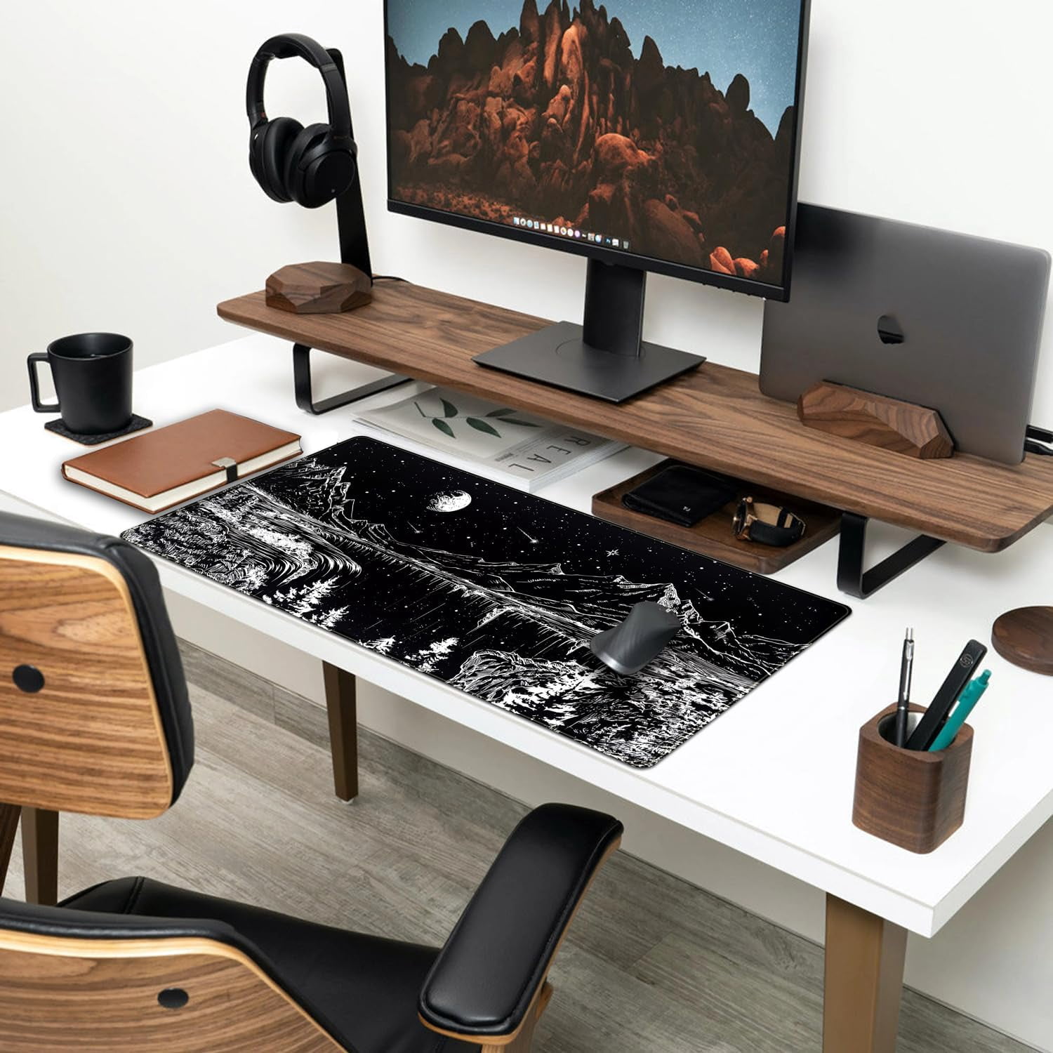 Black and White Desk Mat Dark Nature Forest Mouse pad XXL Starry Night Mountain Desk pad Aesthetic Moon and Stars Mousepad XXL for Laptop Computer Mouse Gaming Keyboard Mat, 31.5 X 15.8 in