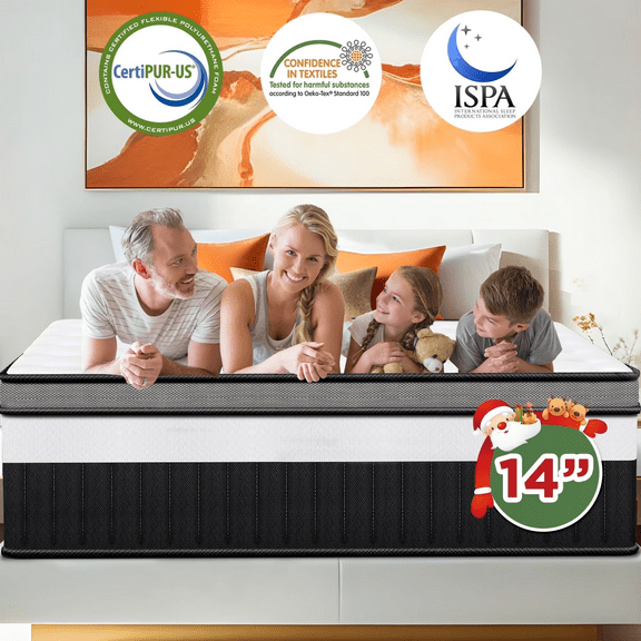 14 Inch Queen Mattress, Gel Memory Foam Hybrid Bed in a Box, Cooling & Breathable Fabric Design, Zoned Pressure Relief, Motion Isolation, Medium Firm Feel