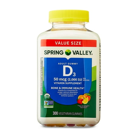 Spring Valley Vitamin D3 Gummies, 50 mcg, 300 Count, Assorted Fruits, Supplement Vegetarian Gummies for Bone and Immune Health
