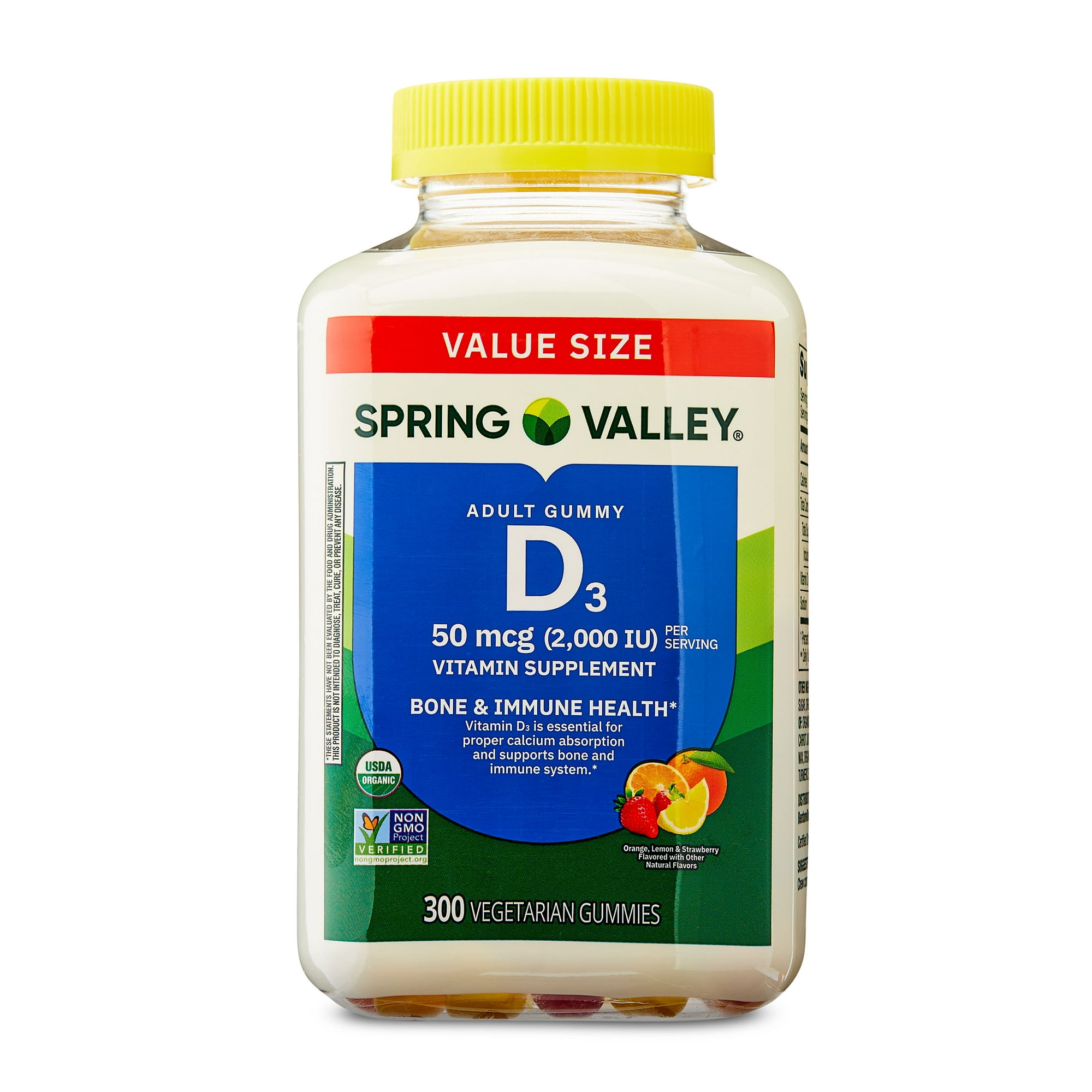 Spring Valley Vitamin D3 Gummies, 50 mcg, 300 Count, Assorted Fruits, Supplement Vegetarian Gummies for Bone and Immune Health
