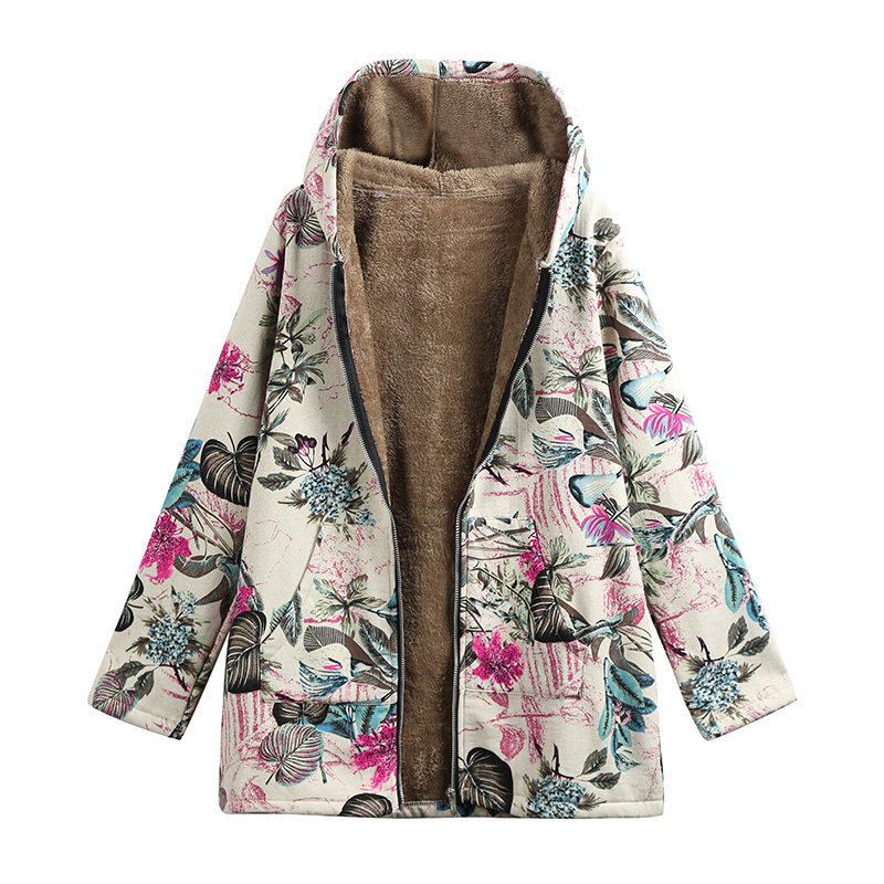 Women Faux Fur Hooded Parka Coat Floral Print Side Pockets Warm Vintage Casual Long Coat Outwear - image 5 of 7