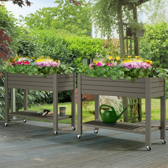 Uforic Large Resin Patio Planter Box,Outdoor Raised Garden Bed Kit with Drain Plug& Storage Shelf and Lockable Wheels,3.6x1.5x2.8 FT,Light Brown