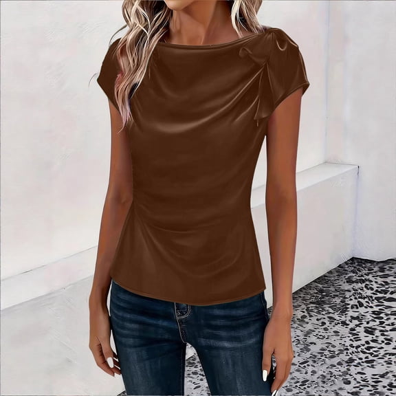 Vmvidoty Women's Casual T-Shirts Short Sleeve Crewneck Summer Stretchy Shirt Textured Tops Brown L