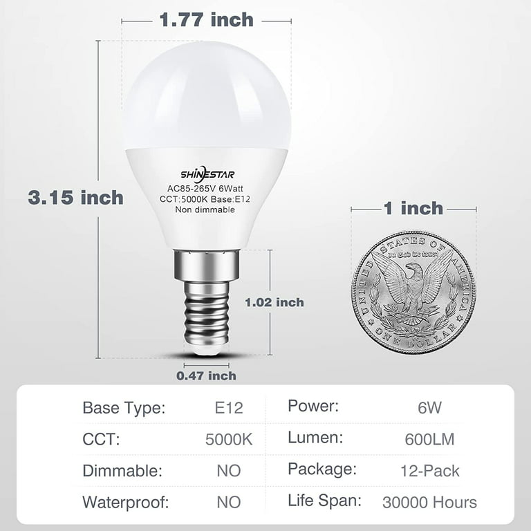 SHINESTAR 12-Pack Ceiling Fan Light Bulbs, E12 LED Bulb, Daylight 5000K,  120v 60w Equivalent, Candelabra Small Base, Non-Dimmable