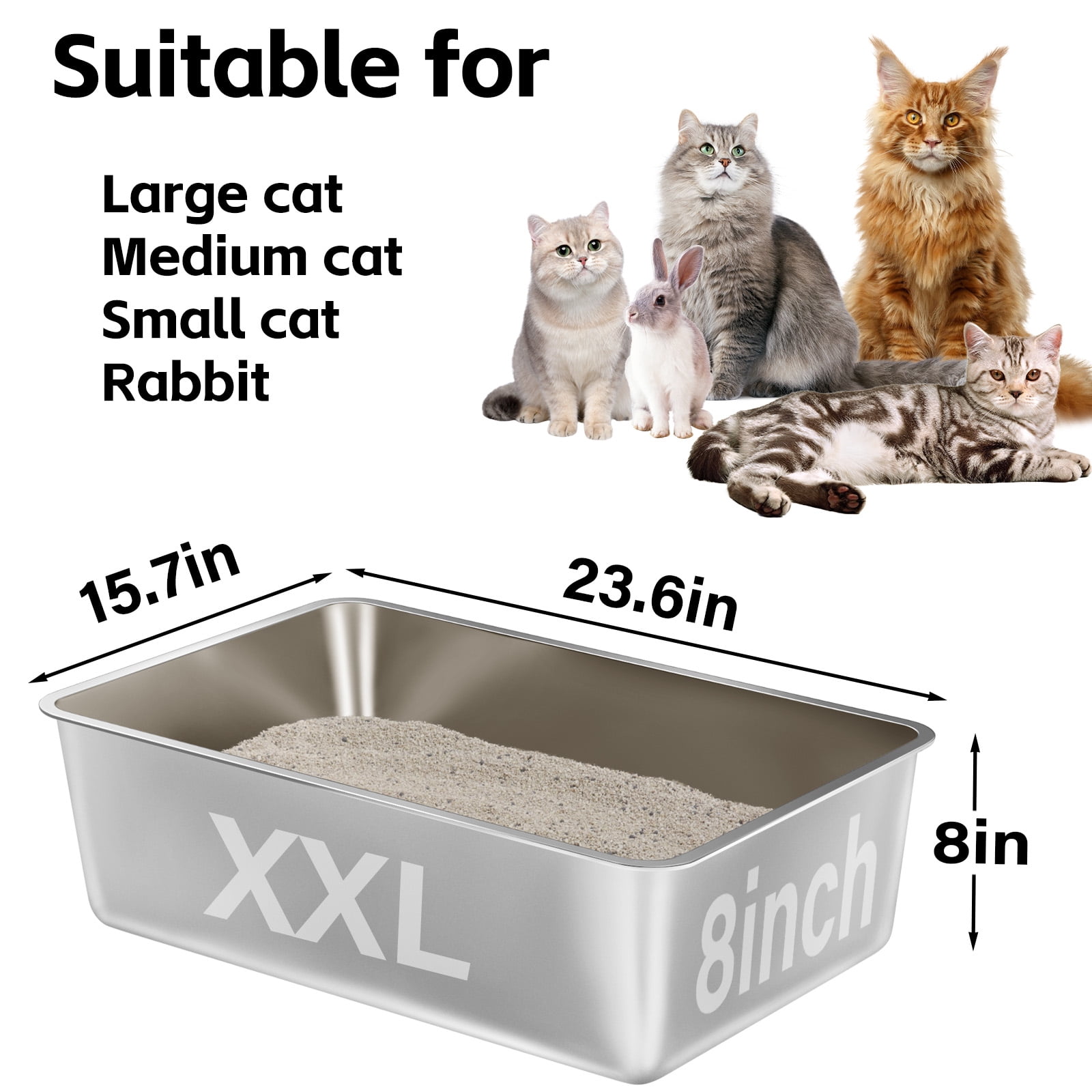 NYUTU Stainless Steel Cat Litter Box 2 Pack,XXL Metal Litter Box for Big Cats, Cat LitterBox Metal Pet Toilet Easy to Clean,High Sided Litters Boxes Adult Big Cats,Non Stick, No Smell,23.6"x15.8"x8"