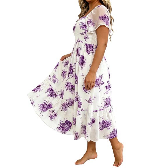 Erwazi Summer Dresses for Women Print Square Neck Short Sleeve A Line Dress Trendy Casual Style for Daily Wear Outdoor Activities Relaxed Daily Look Dresses