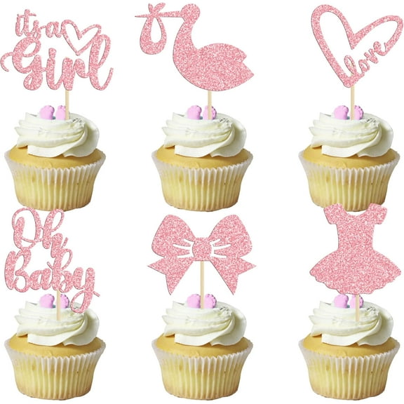 12pcs Oh Baby Cupcake Toppers It's a Girl Cupcake Toppers with Bow Dress Love Heart Pink Glitter Cake Picks Decorations for Baby Shower Girl Birthday Party Supplies