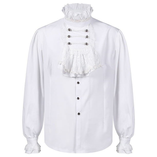 Blusa y camisa de manga larga con cuello alto para hombre, estilo casual, estilo renacentista, con volantes, estilo steampunk y mangas acampanadas.