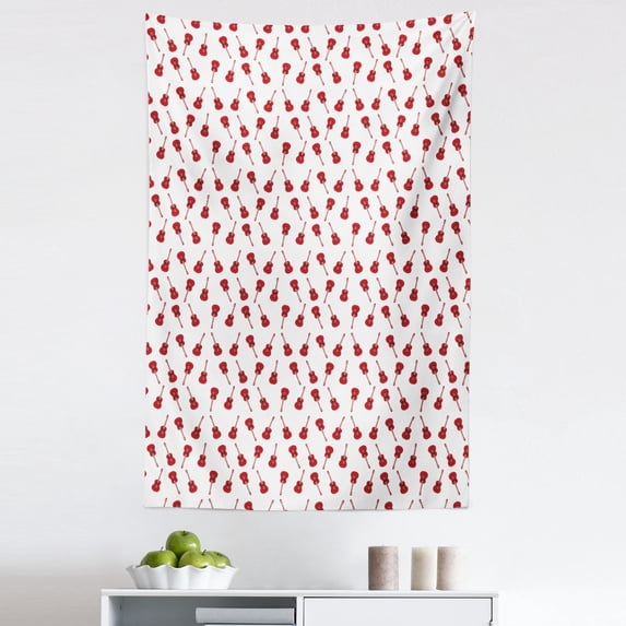 Guitar Tapestry, Repeating Minimal Illustration Classic Western Musical Instrument Motifs, Fabric Wall Hanging Decor for Bedroom Living Room Dorm, 5 Sizes, Vermilion White, by Ambesonne