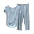 thumbnail image 3 of Womens Solid Color Pajama Set Short Sleeve Round Neck with Capris Comfortable Sleepwear, 3 of 6