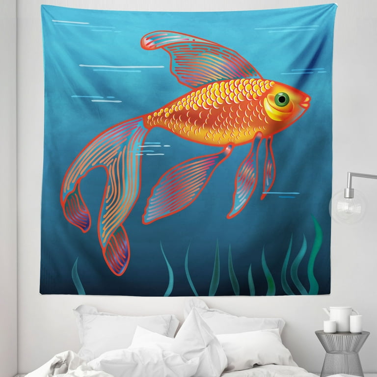 Goldfish Tapestry, Aquarium Illustration of Golden Fish on Sea Water  Background, Fabric Wall Hanging Decor for Bedroom Living Room Dorm, 5  Sizes, Vermilion Orange, by Ambesonne 
