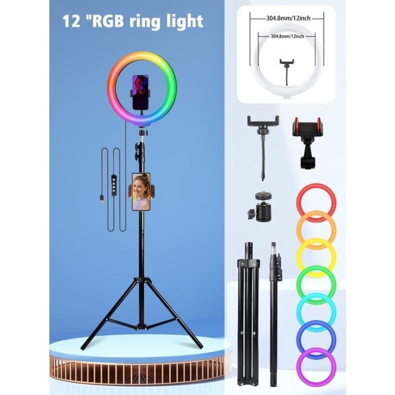 12" RGB Ring Light Kit w/ 63" Extendable Tripod & 2 Phone Holders - Perfect for TikTok, YouTube & Live Streaming, 360° Adjustable Lighting for Makeup, Vlogging & Selfies, Dimmable LED with 15 Color M