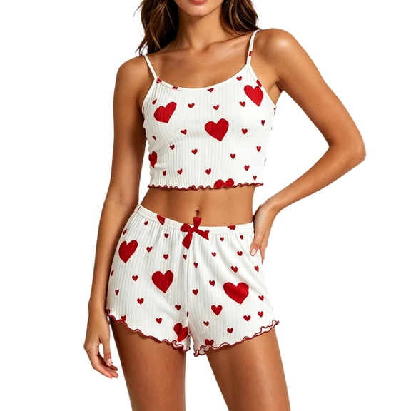 JIA JIA SHUANG Women Pajama Sets Heart Print Cami Top with Bow Tie Shorts Pjs 2 Piece Outfits Cute Fashion Sleepwear(Red,X-Large)