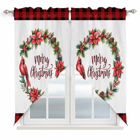 Merry Christmas Swag Curtains for Kitchen/Bedroom/Living Room, Xmas Poinsettia Cardinal Pine Needles Scalloped Curtains 63 Inch Long, Window Swag Topper Curtains Valances 2 Panels Set 36"x63"