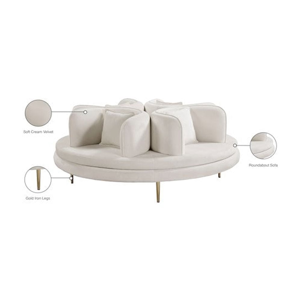 Meridian Furniture Circlet Roundabout Sofa with Gold Iron Legs, Cream Velvet