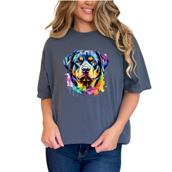 Colorful Dog Art T Shirt, Watercolor Rottweiler Tee, Artistic Pet Lover Shirt, Vibrant Animal Print Top, Unique Graphic Dog Apparel, Denim Comfort Colors T-Shirt, Small