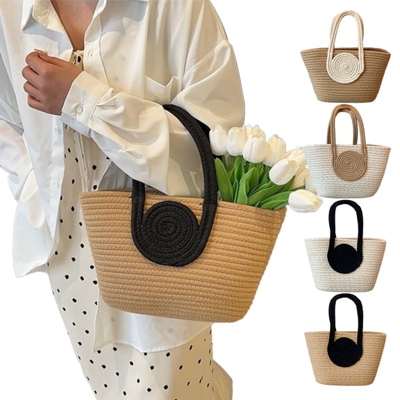 Woven Rope Tote Bag | Large Capacity Shoulder Purse | Khaki White Colorblock | Casual Beach Handbag | Versatile Daily Use | 32x20x10cm | Durable Ergonomic Handle