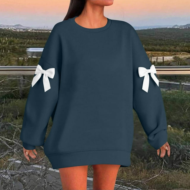 Timegard Chandails en Molleton Grande Taille pour Femmes Col Rond Manches Longues Chandail Mignon Ample Nœud Papillon Hauts Surdimensionnés
