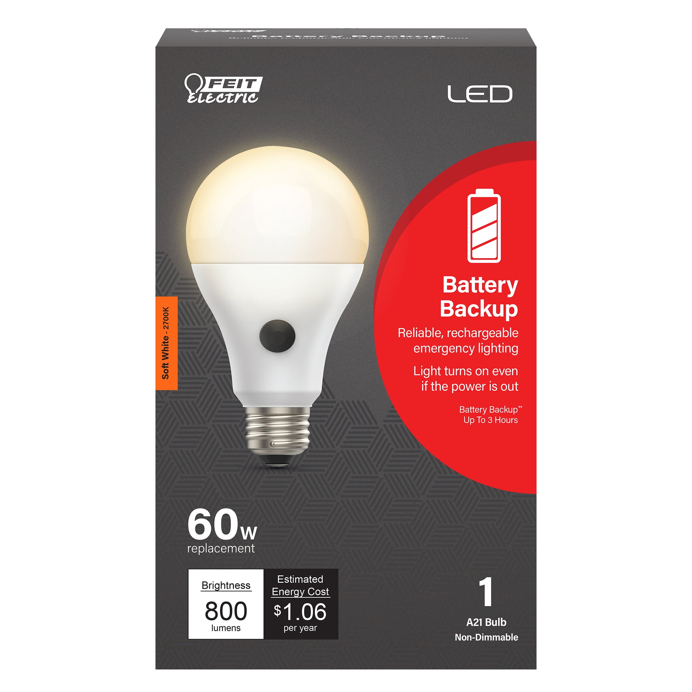 Feit Electric Intellibulb LED 8.8W (60W Equivalent) Soft White Battery Backup Light Bulb, A19, Medium (E26) Base, Non-Dimmable