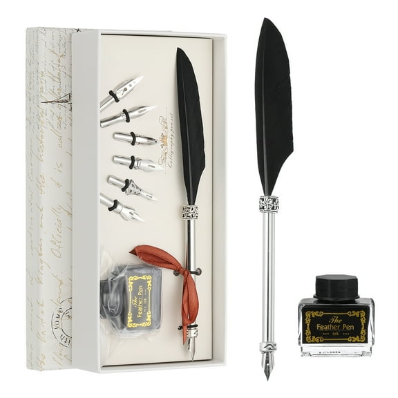 Uxcell 21.5cm/8.5" Carved Feather Pen Set, Vintage Quill Pen with Ink Set 6 Replacement Nibs for Writing Dip Pen, Black