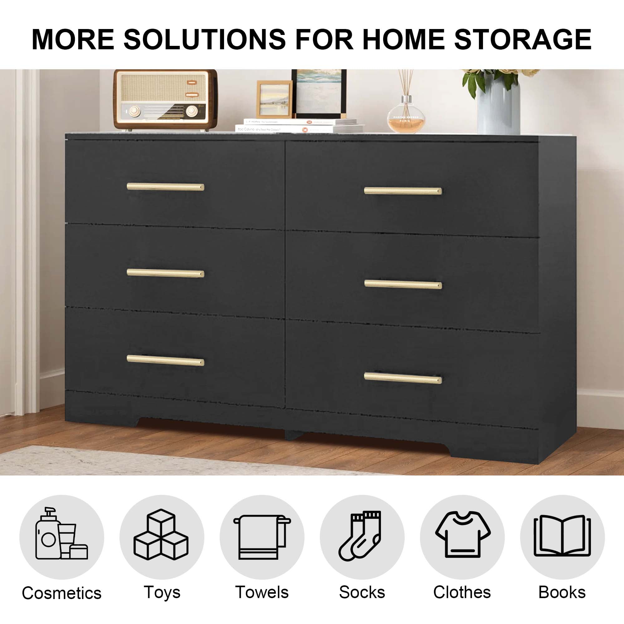 Aukfa Modern 6-Drawer Dresser Chest of Drawers Storage Cabinet for Bedroom Living Room, Black