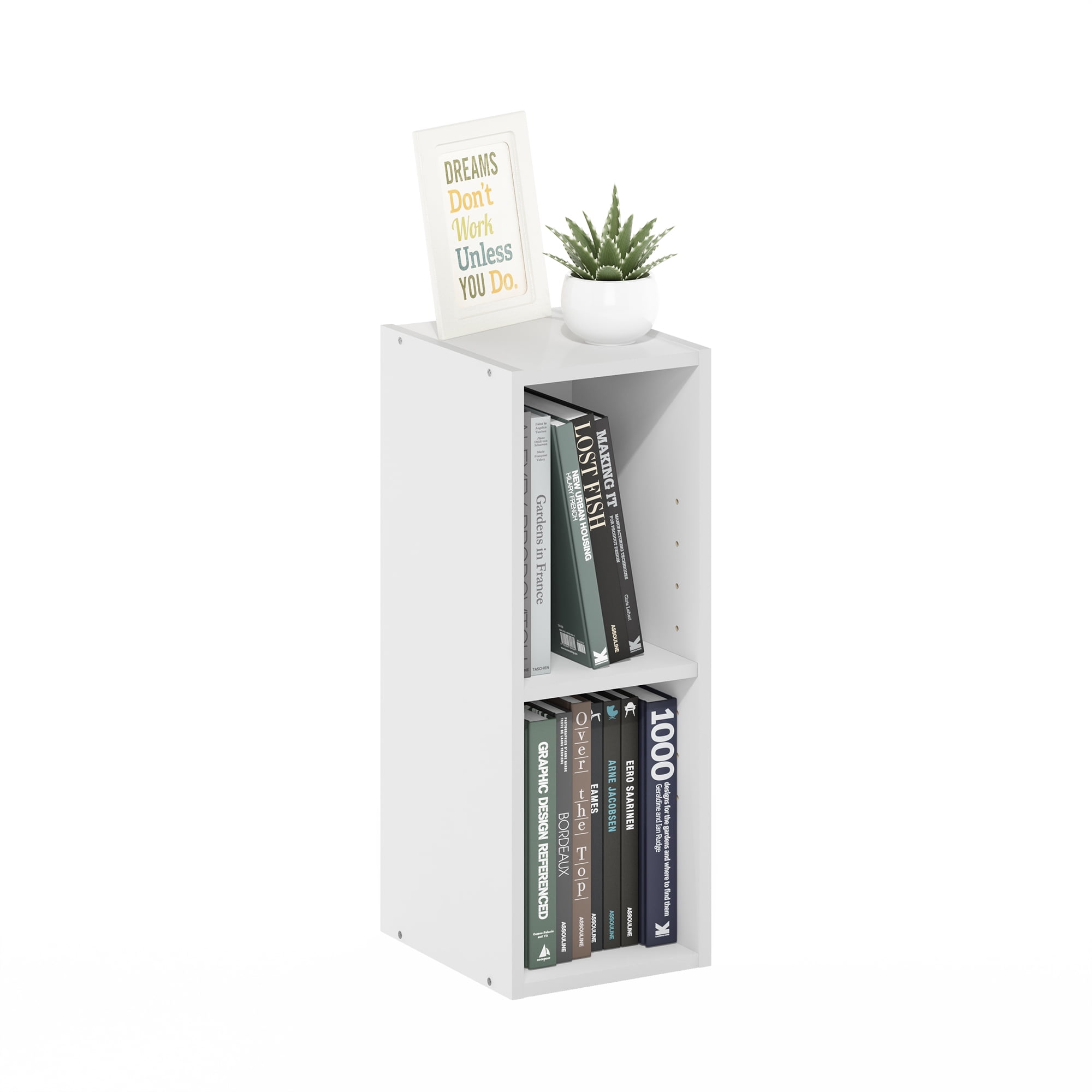 Furinno FULDA Book Shelf, 2-Tier Narrow Bookshelf, Bookcase with 8-In Width Storage Shelf, 9.3 x 7.9 x 21.2, for Living Room, Bedroom, Home Office, Plain White