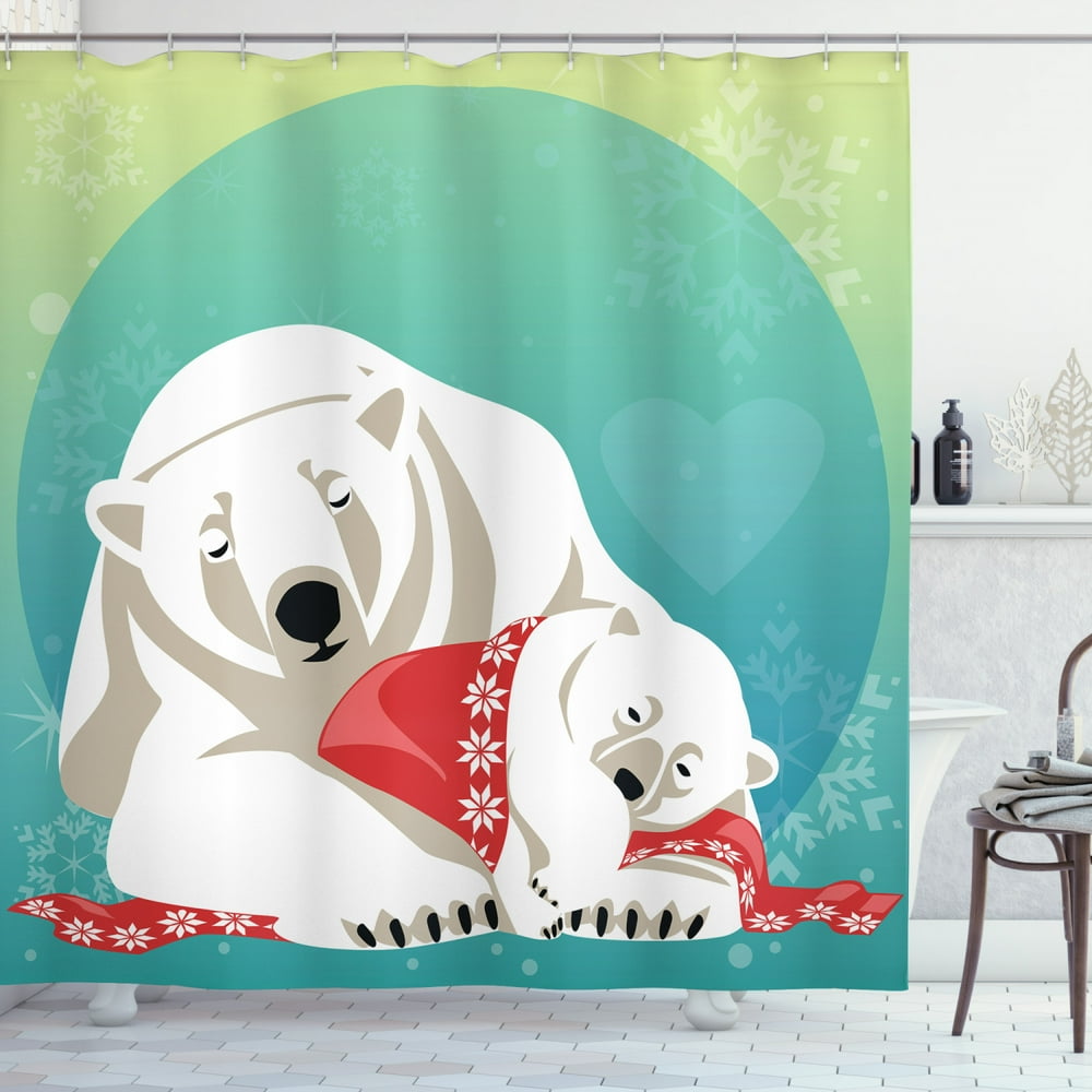 Polar Bear Shower Curtain, Mother Bear Cuddling Her Cubs Parenthood