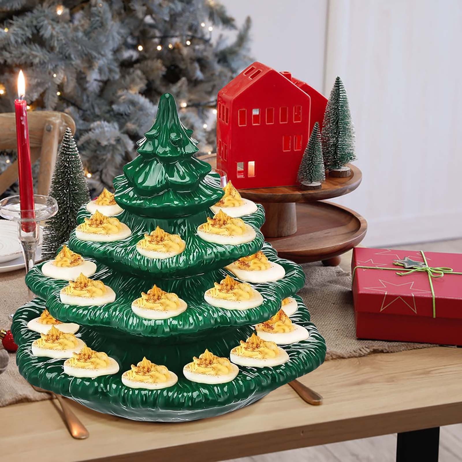 Christmas Tree Deviled Egg Holder | 8 Inch Christmas Trees Deviled Egg Platter | 26 Hole Cute Tree Devileds Eggs Tray Serving Plates for Parties | 4 Tier Trees Devileds Eggs Storage Container Carrier