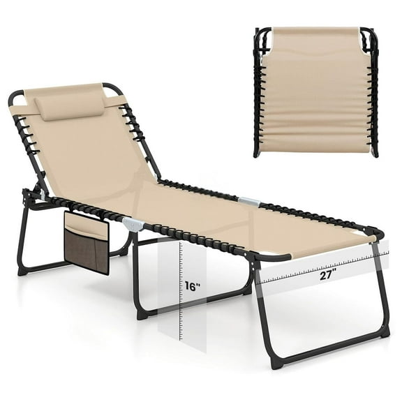 Lounge Chair for Outside, 440lbs 27” Oversize Folding Beach Tanning Sunbath Chair with Adjustable Backrest & Removable Pillow, Lightweight Portable Patio Lounger for Lawn Poolside (Sand,1)