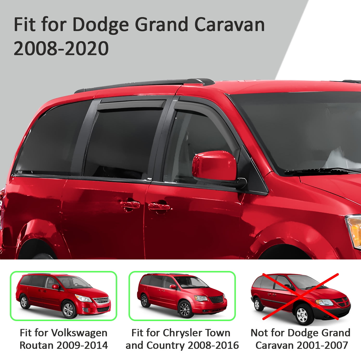 Voron Glass In-Channel Extra Durable Rain Guards for Dodge Grand Caravan 2008-2020, Window Deflectors, Vent Window Visors, 4 Pieces - 200506