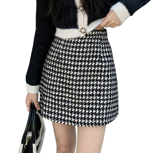 A Line Pencil Skirt Above Knee High Waisted Houndstooth Print Elegant Bodycon Skirt for Women