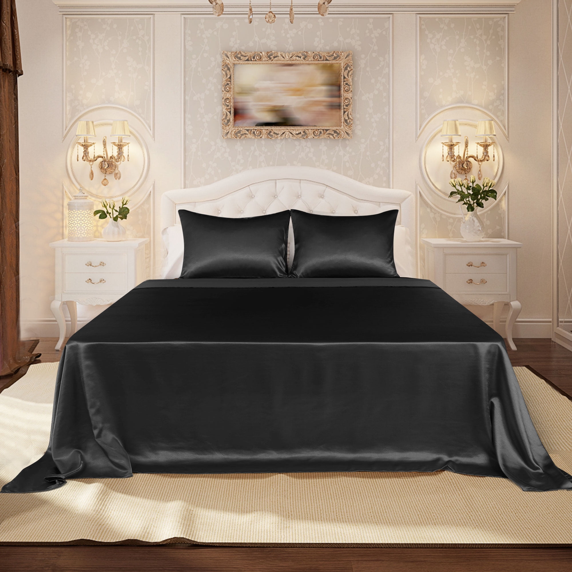 Unique Bargains Satin Sheet Set Luxury Polyester Bed Set 4 Pcs