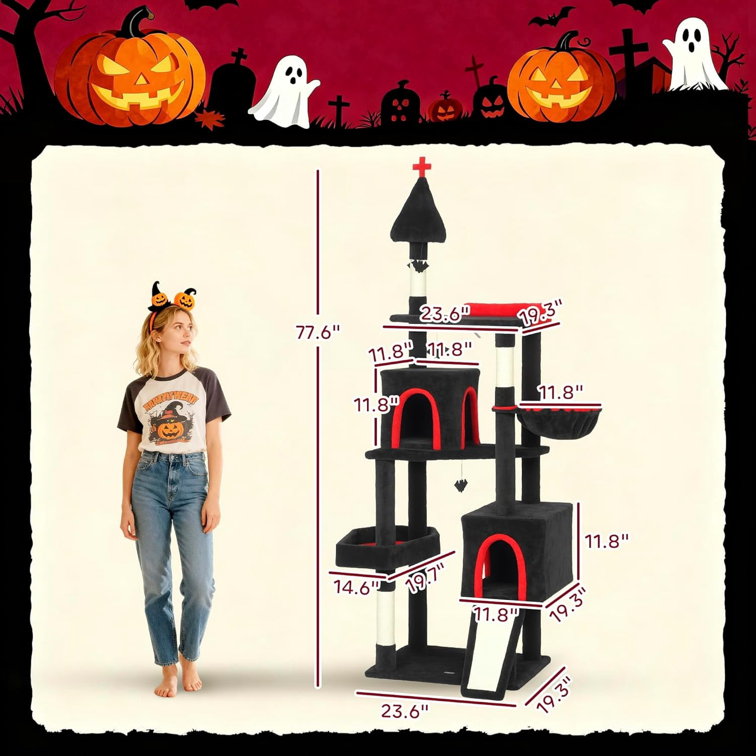 LEHOME Gothic Cat Tree, 78" Extra Tall Cat Tower for Indoor Kittens with 2 Spacious Condos, Sisal Scratching Posts, 4 Bat Hanging Balls, Comfy Hammock, Ramp, Bed, Black and Red Halloween