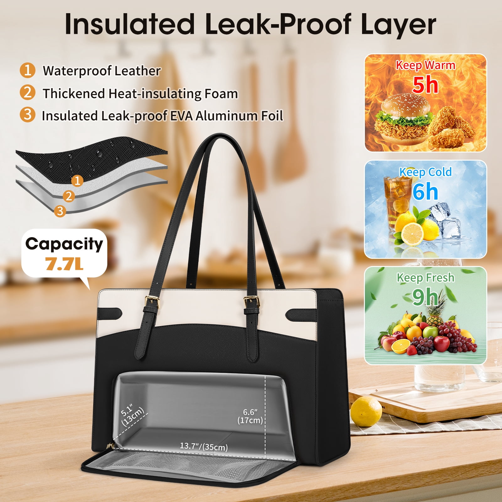 RAINSMORE 15.6 inch Lunch Tote Bag for Women Laptop Bags with Insulated Lunch Compartment Teacher Work Bag for Office Travel,BlackWhite
