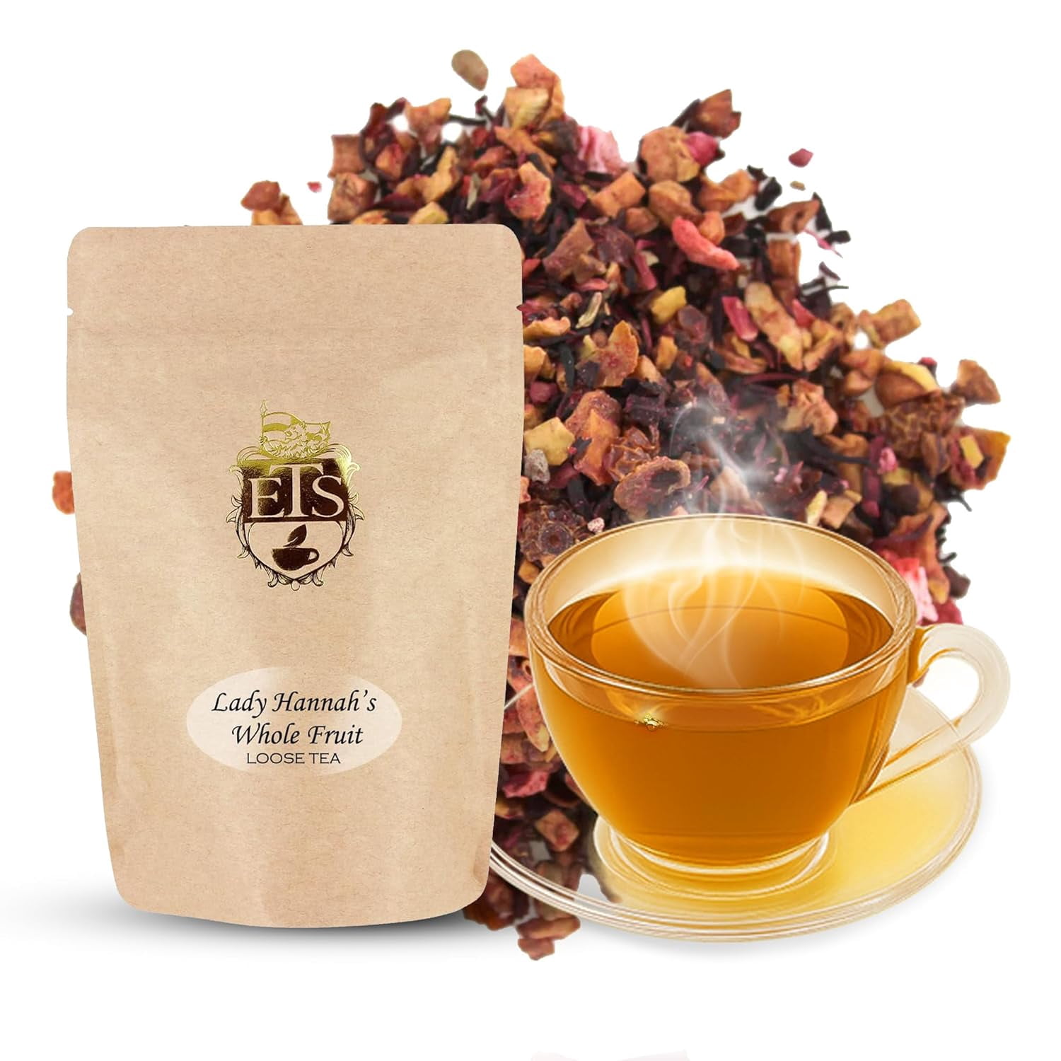 Lady Hannahs Whole Fruit Herbal Tea | Loose Leaf Caffeine-Free Tea | 16oz Resealable Pouch | Sweet Tart Fruity Blend | Hot or Iced | Apple Hibiscus Rosehip Berry Tea | Kids Popsicle Friendly