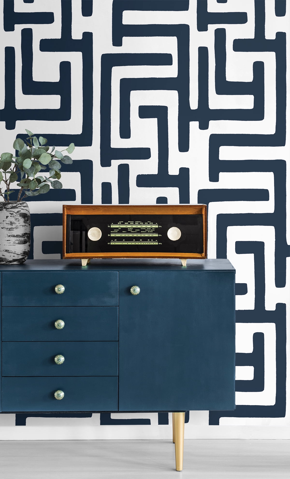 NextWall Dark Blue Graphic Maze Peel and Stick Wallpaper
