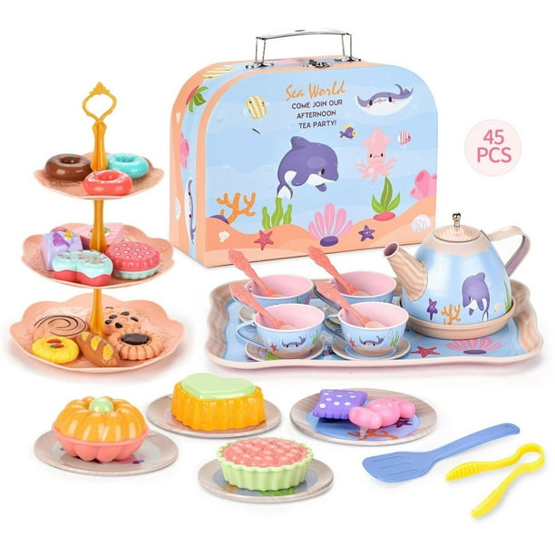 Juguete Juego de Té para Niñas, Juego de Té para Niños, Juego de Té de Princesas, Juego de Té de Hojalata para Niños, Tazas, Tetera, Pasteles de Plástico AMMAO TOY230209-1490toy