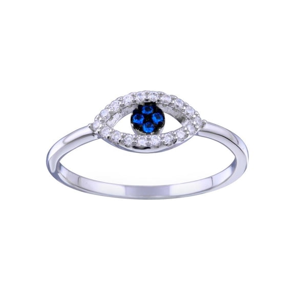 Rhodium Plated 925 Sterling Silver Blue & Clear CZ Evil Eye Ring Band Jewelry Female Size 5