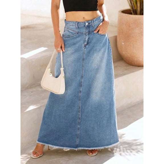Womens Medium Wash Blue Denim Maxi Skirt High Waisted A-Line With Frayed Hem And Functional Pockets